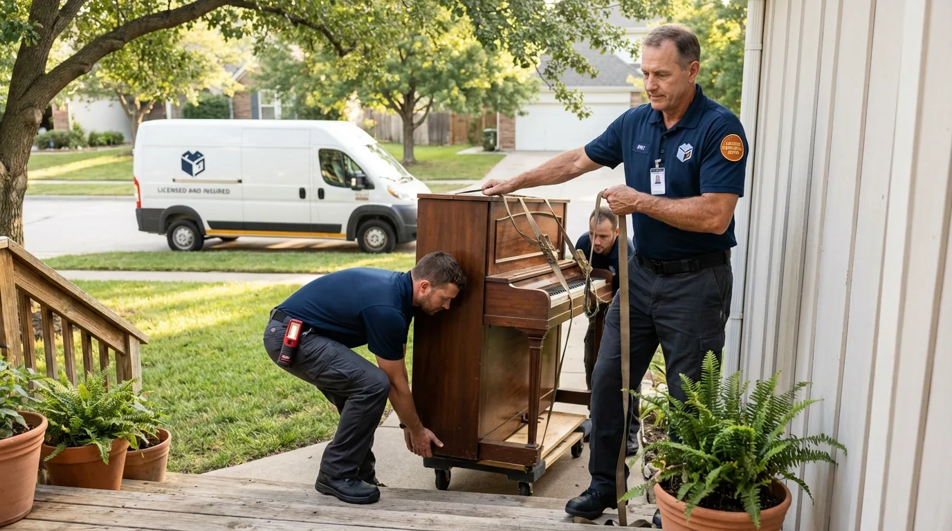 Licensed piano movers securing grand piano in Harbor Beach, MI
