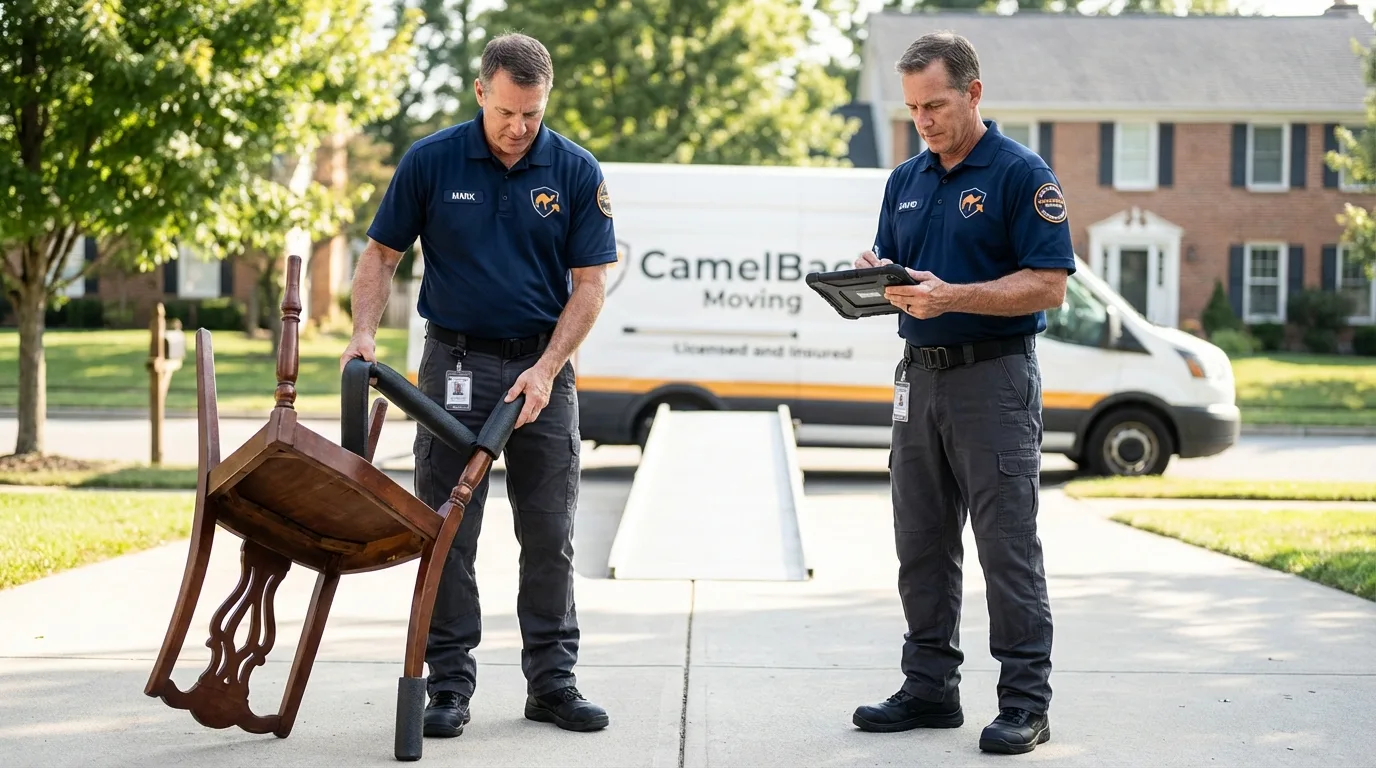 Movers inspecting furniture for damage prevention before loading in Harbor Beach, MI