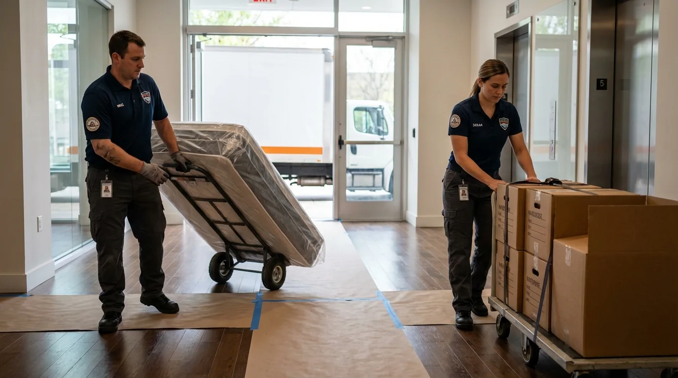 Professional apartment movers loading elevator in Harbor Beach, MI
