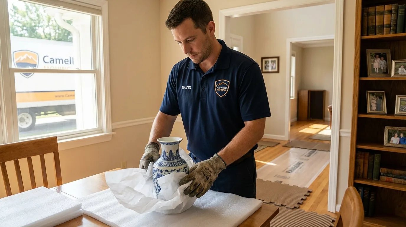 Professional crew carefully wrapping antique vase for senior downsizing move in Harbor Beach, MI