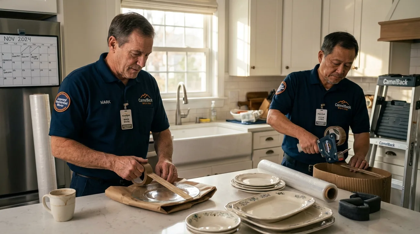 Professional crew packing kitchen dishware in Harbor Beach, MI